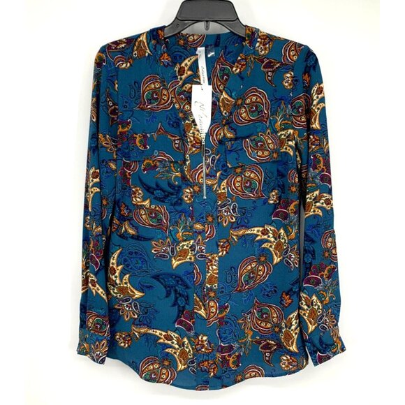 NY Collection Top Blue Floral Print Zip V Neck Roll Tab Sleeve - Picture 2 of 11